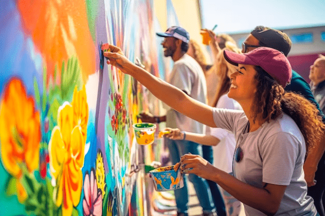 group of people painting on the wall