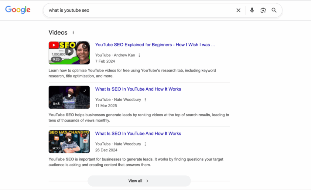 Google search results showing YouTube SEO videos for event promotion and video marketing